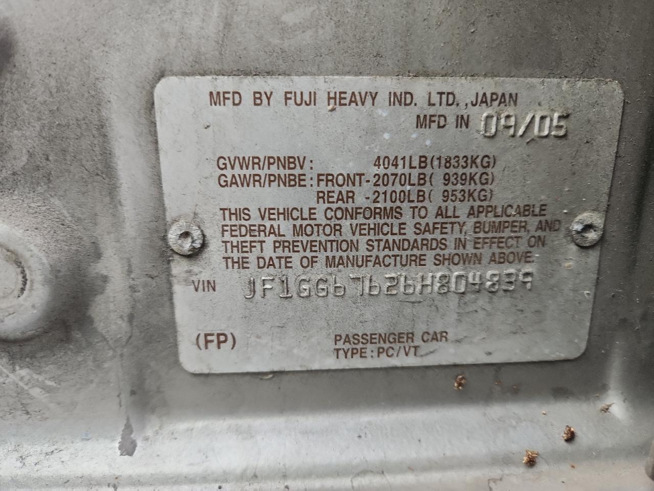 2006 Subaru Impreza 2.5I Sports Wagon VIN: JF1GG67626H804839 Lot: 92164175