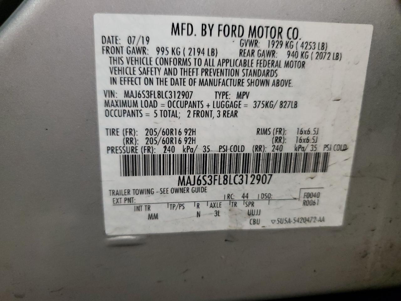 2020 Ford Ecosport S VIN: MAJ6S3FL8LC312907 Lot: 93061295