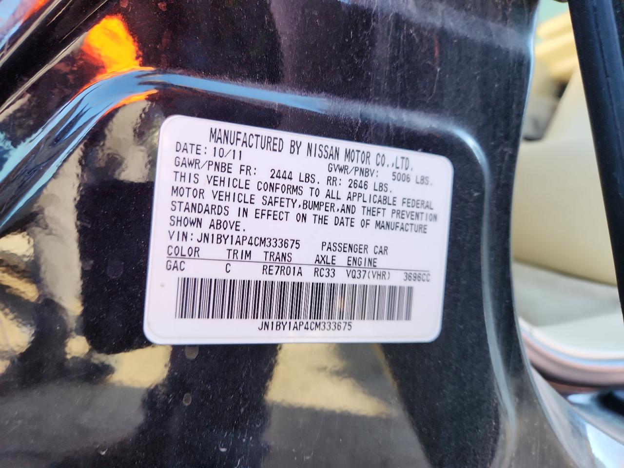 2012 Infiniti M37 VIN: JN1BY1AP4CM333675 Lot: 90908615