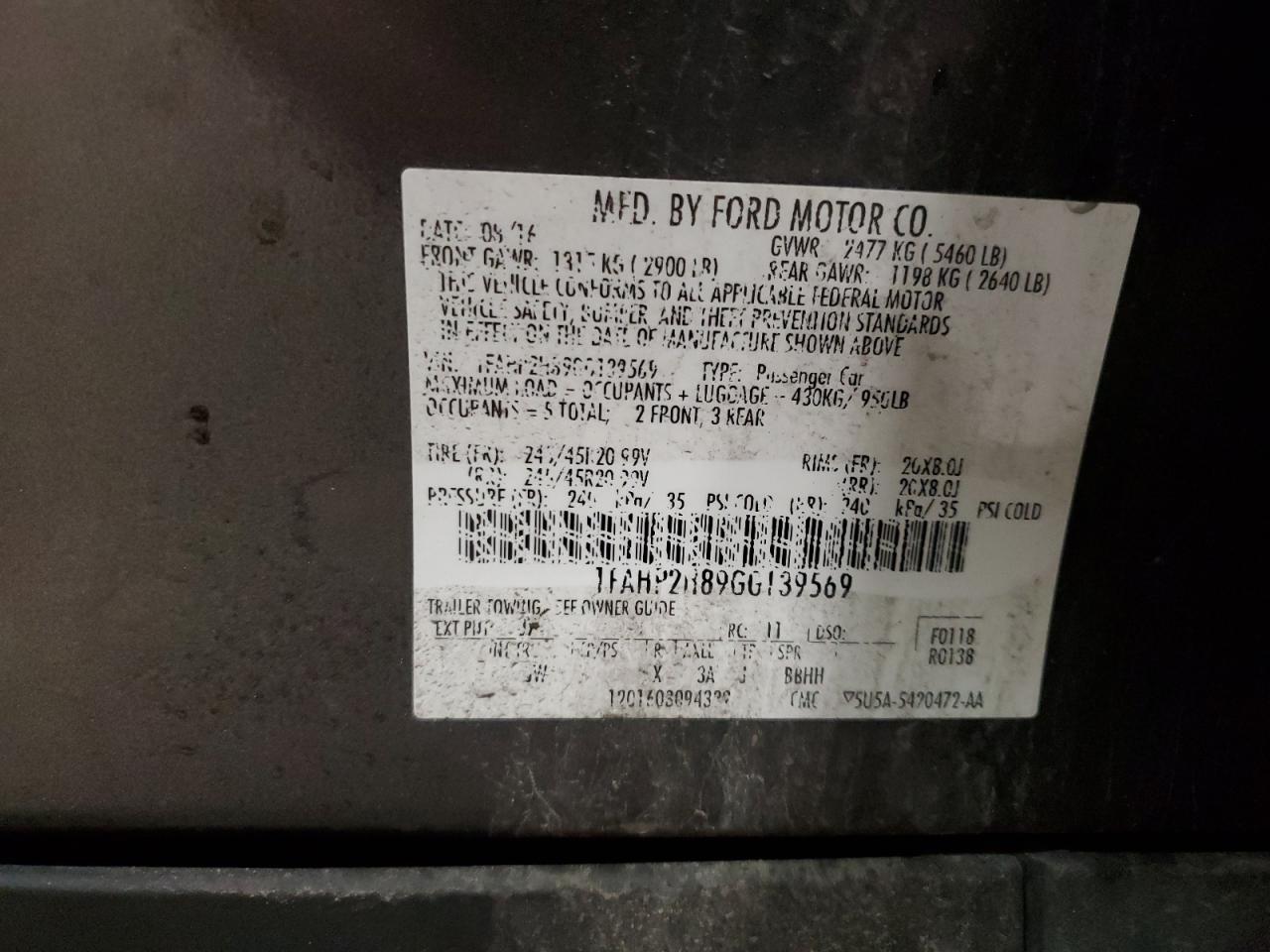 2016 Ford Taurus Sel VIN: 1FAHP2H89GG139569 Lot: 92008885