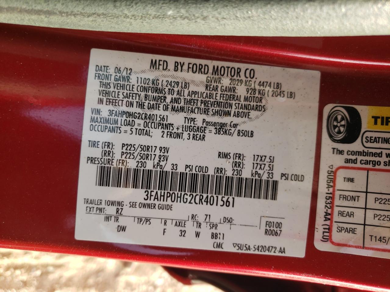 2012 Ford Fusion Se VIN: 3FAHP0HG2CR401561 Lot: 91410285