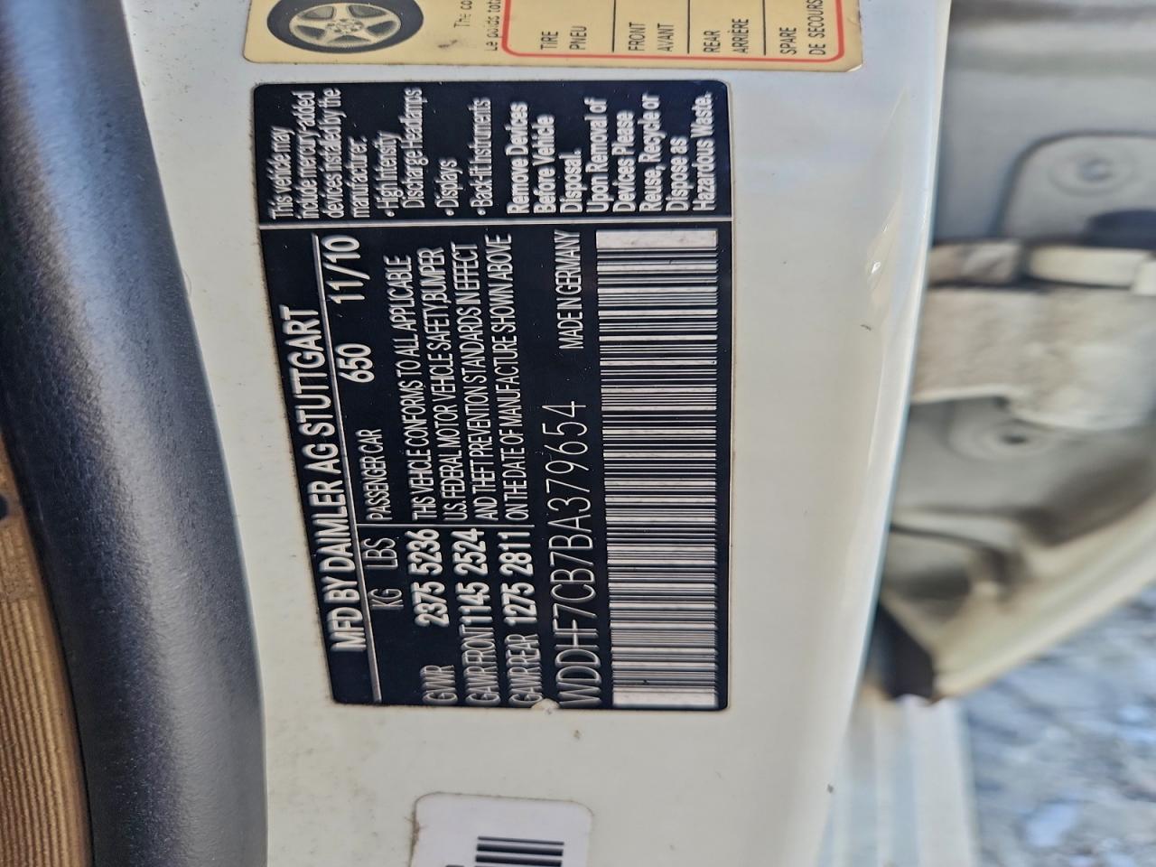 2011 Mercedes-Benz E 550 VIN: WDDHF7CB7BA379654 Lot: 94769195