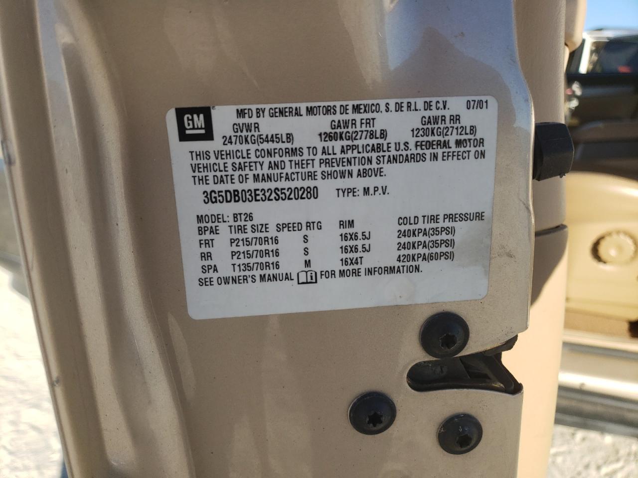 2002 Buick Rendezvous Cx VIN: 3G5DB03E32S520280 Lot: 92191965