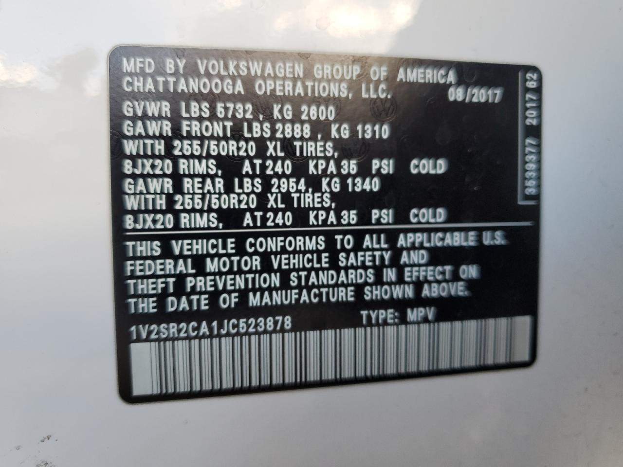 2018 Volkswagen Atlas Sel VIN: 1V2SR2CA1JC523878 Lot: 93477055