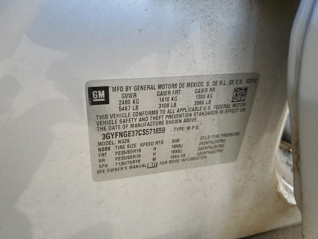 2012 Cadillac Srx VIN: 3GYFNGE37CS571659 Lot: 93630095