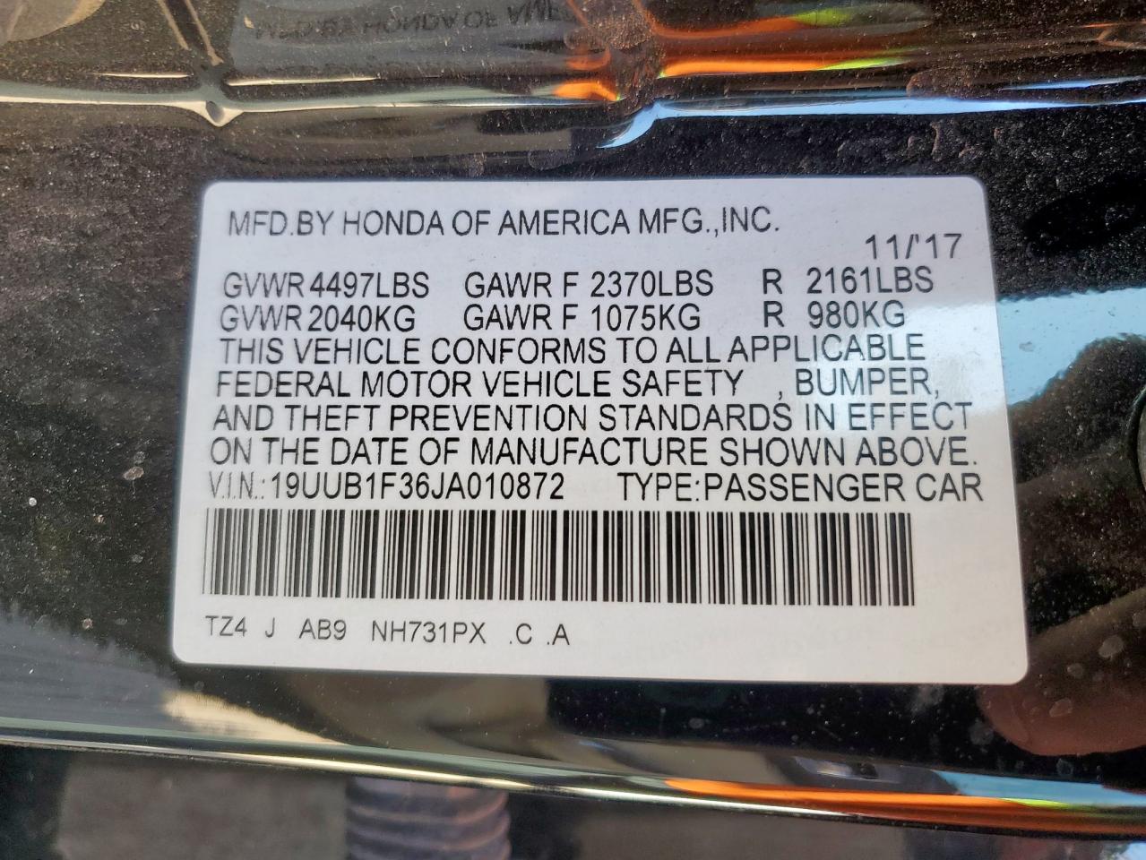 2018 Acura Tlx VIN: 19UUB1F36JA010872 Lot: 92236565