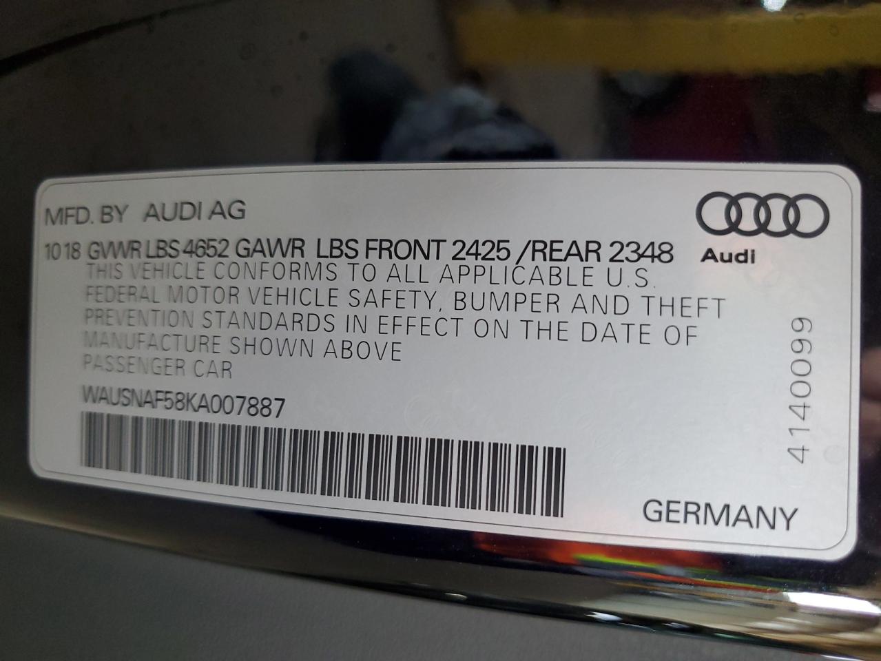 2019 Audi A5 Premium VIN: WAUSNAF58KA007887 Lot: 92425345