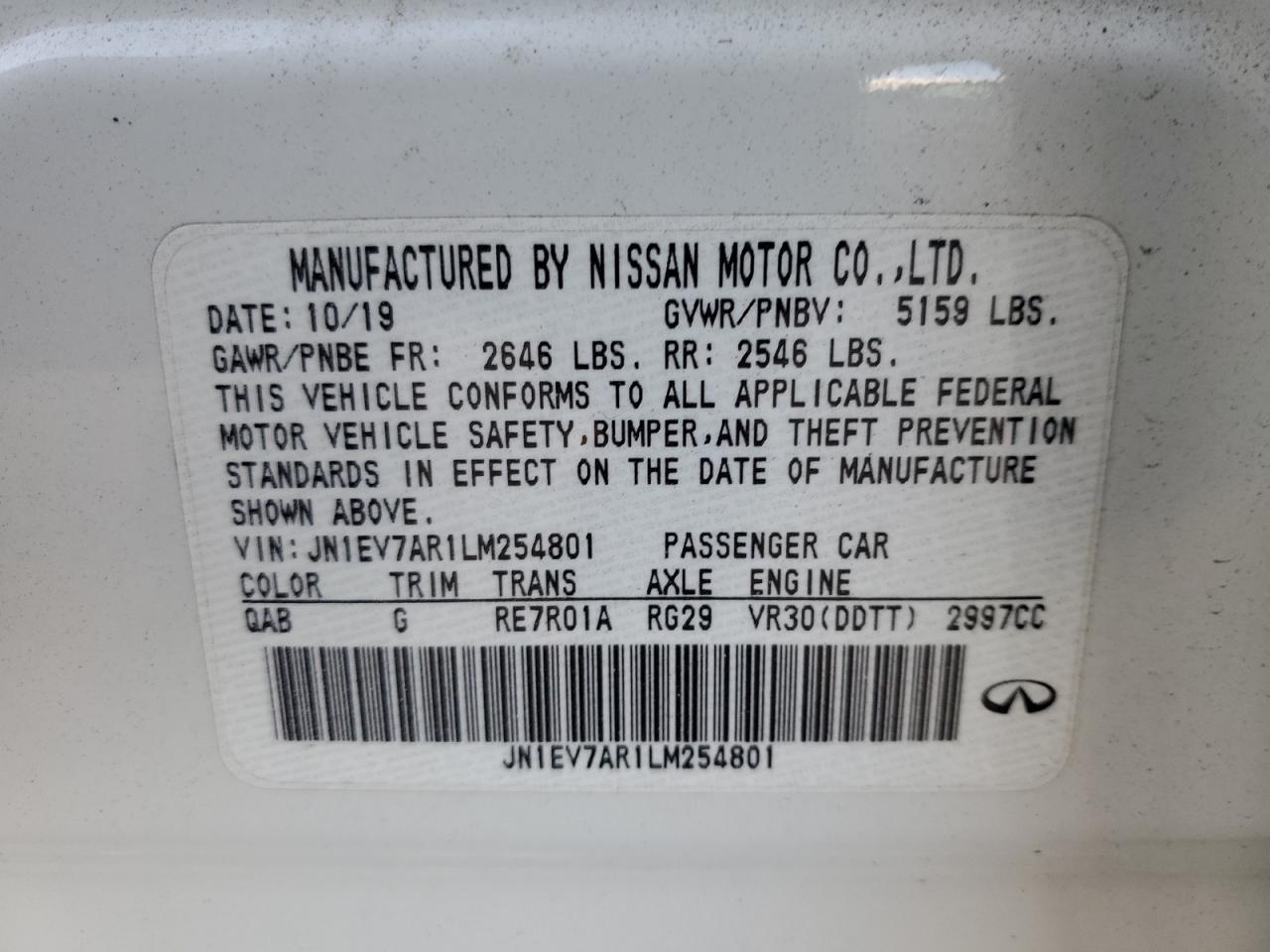 2020 Infiniti Q50 Pure VIN: JN1EV7AR1LM254801 Lot: 91437585