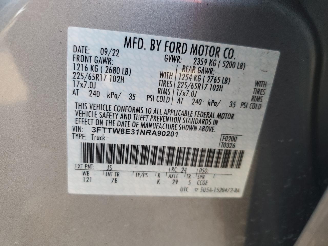 2022 Ford Maverick Xl VIN: 3FTTW8E31NRA90201 Lot: 92938805