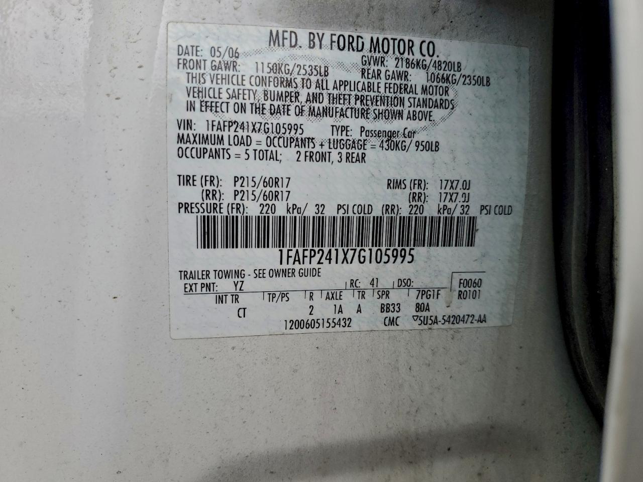 2007 Ford Five Hundred Sel VIN: 1FAFP241X7G105995 Lot: 93728095