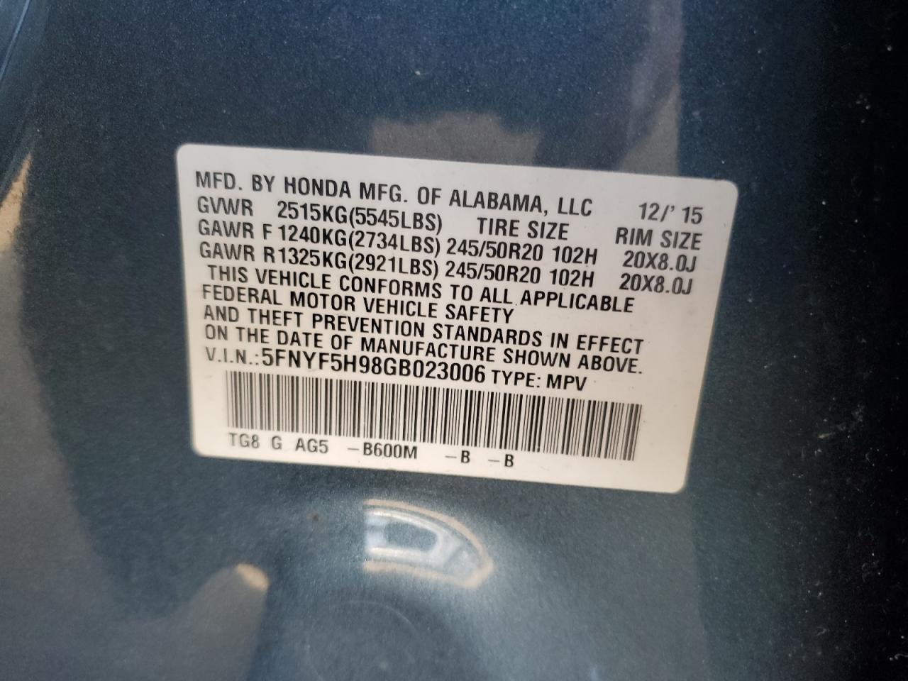 2016 Honda Pilot Touring VIN: 5FNYF5H98GB023006 Lot: 91741085