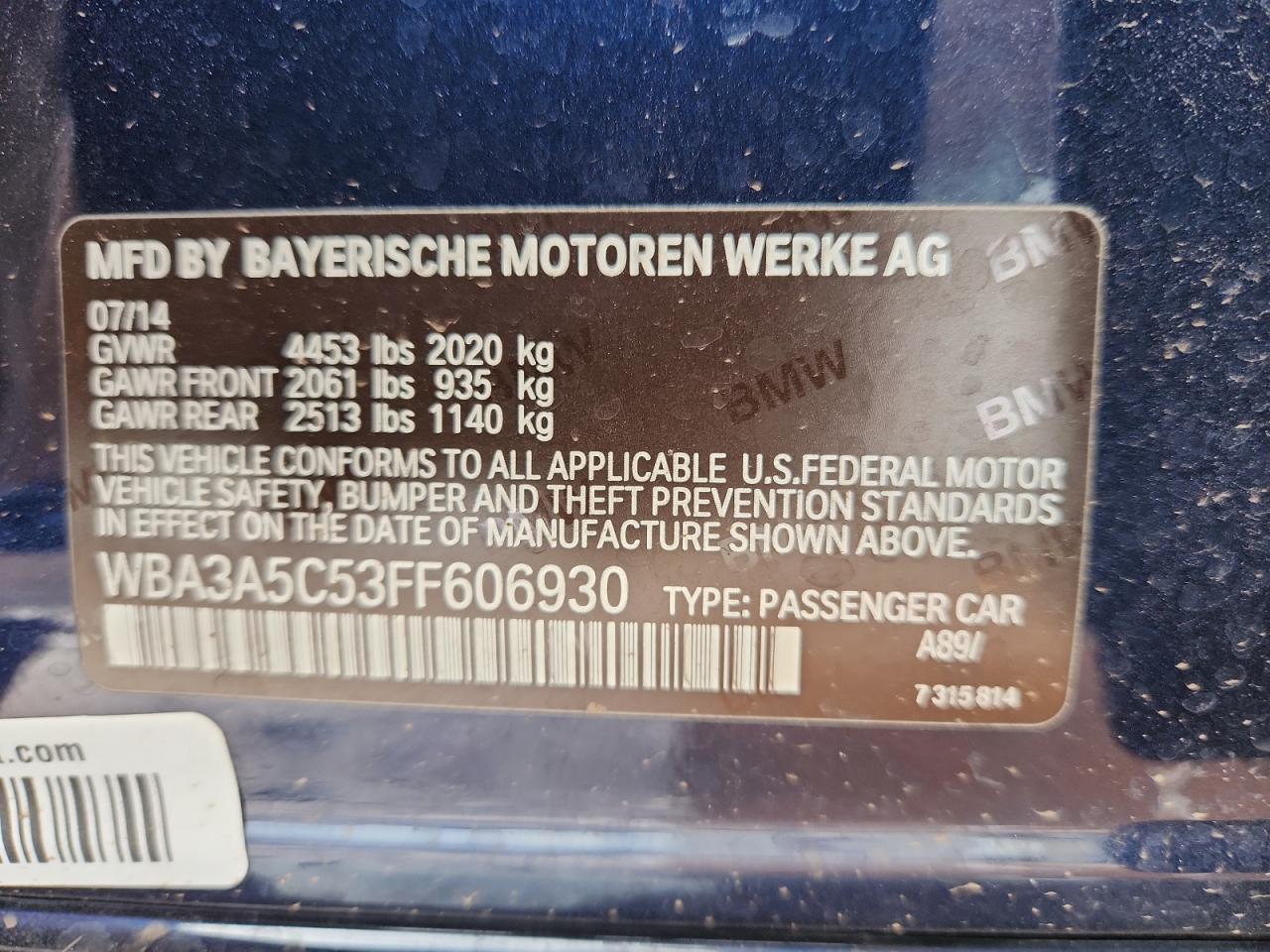 2015 BMW 328 I VIN: WBA3A5C53FF606930 Lot: 93659765