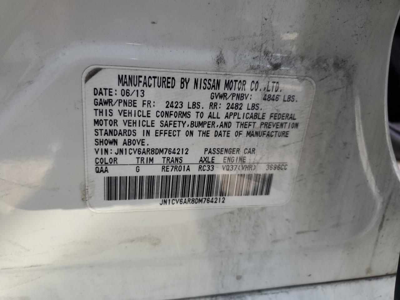 2013 Infiniti G37 VIN: JN1CV6AR8DM764212 Lot: 92599355