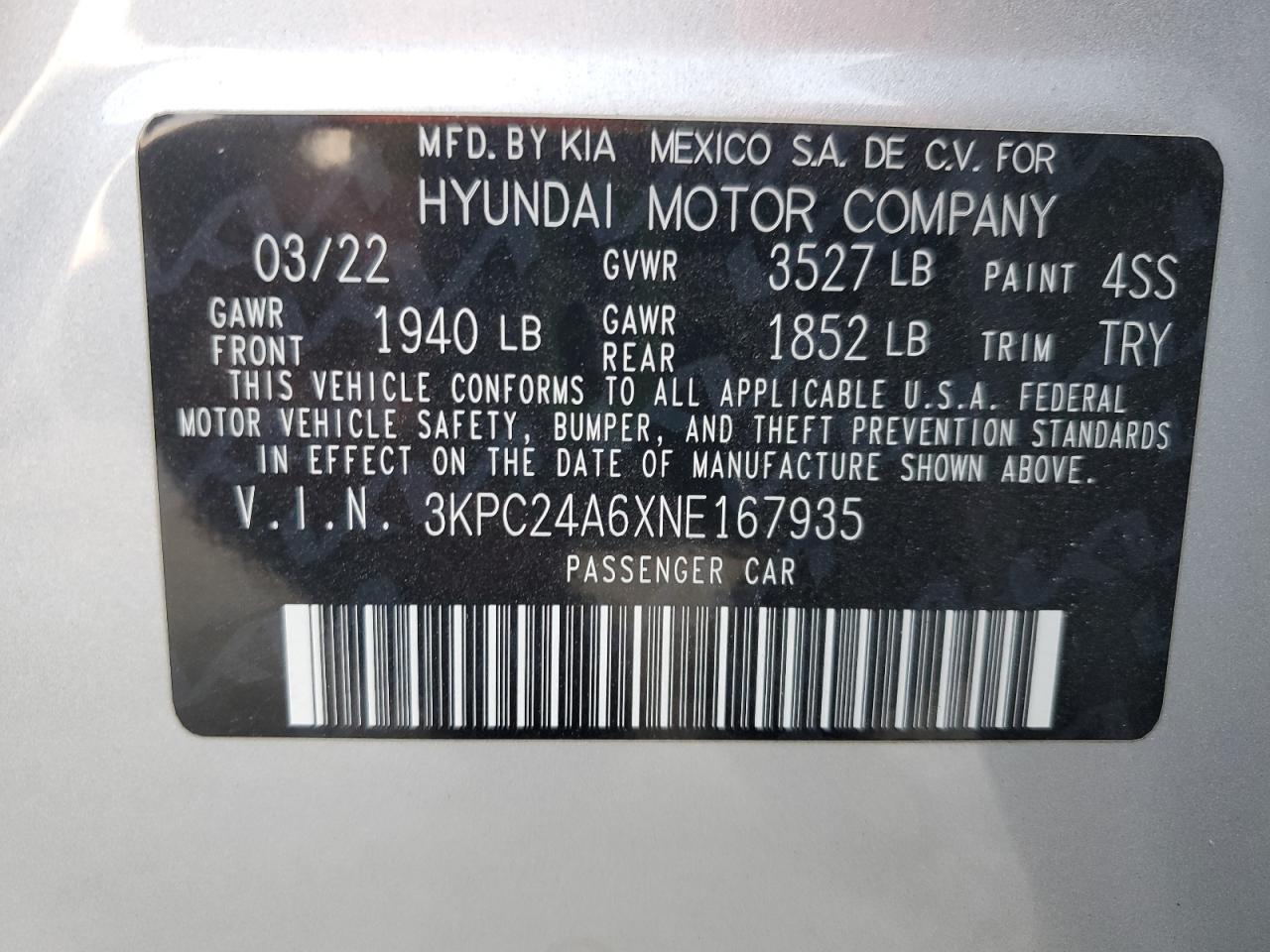 2022 Hyundai Accent Se VIN: 3KPC24A6XNE167935 Lot: 92954535