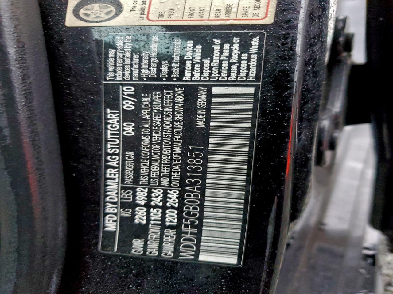 2011 Mercedes-Benz E 350 VIN: WDDHF5GB0BA313851 Lot: 94001265