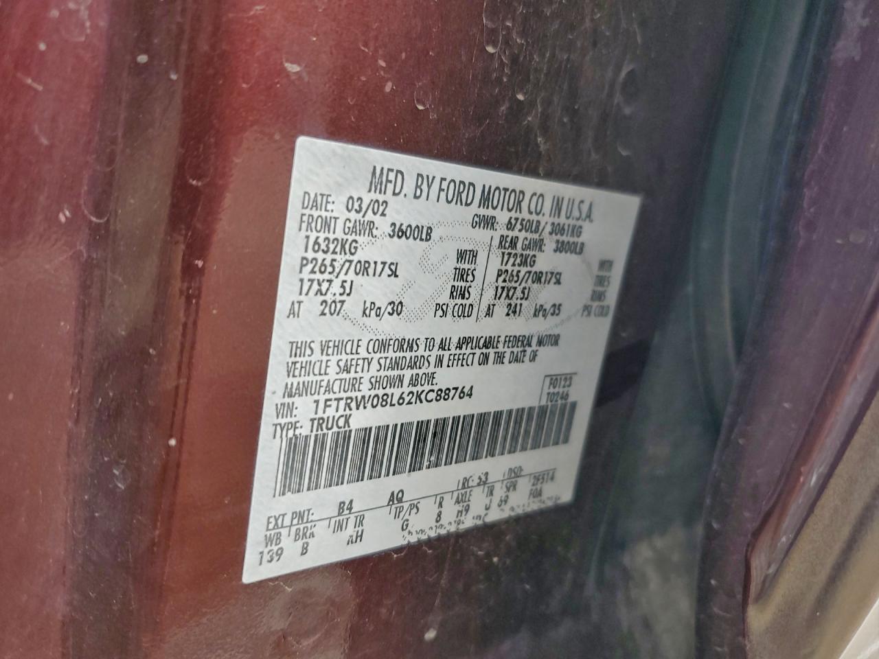 2002 Ford F150 Supercrew VIN: 1FTRW08L62KC88764 Lot: 93398145