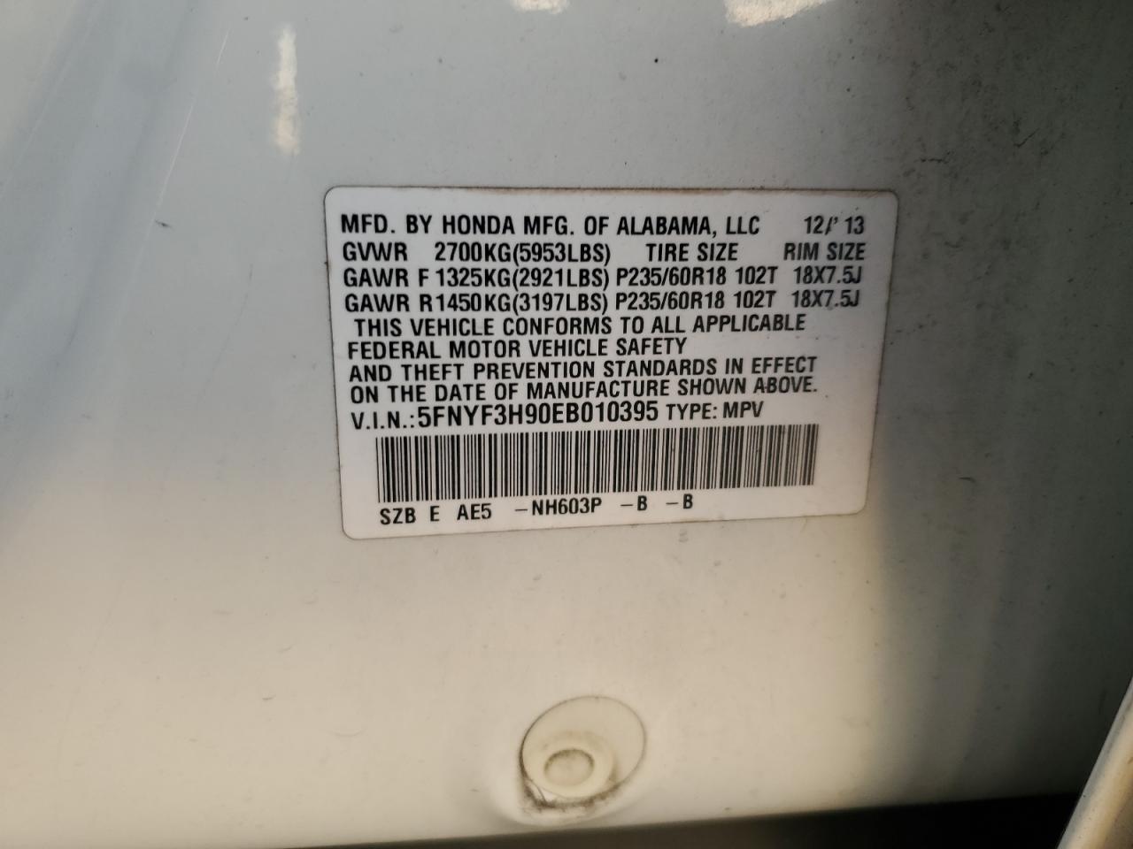 2014 Honda Pilot Touring VIN: 5FNYF3H90EB010395 Lot: 92383235