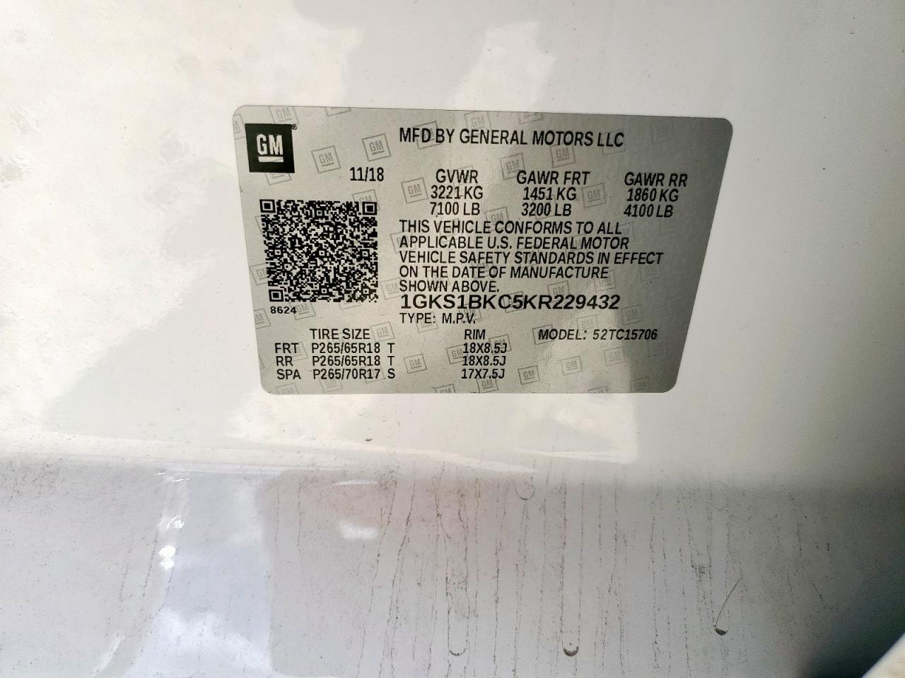 2019 GMC Yukon Slt VIN: 1GKS1BKC5KR229432 Lot: 92743095