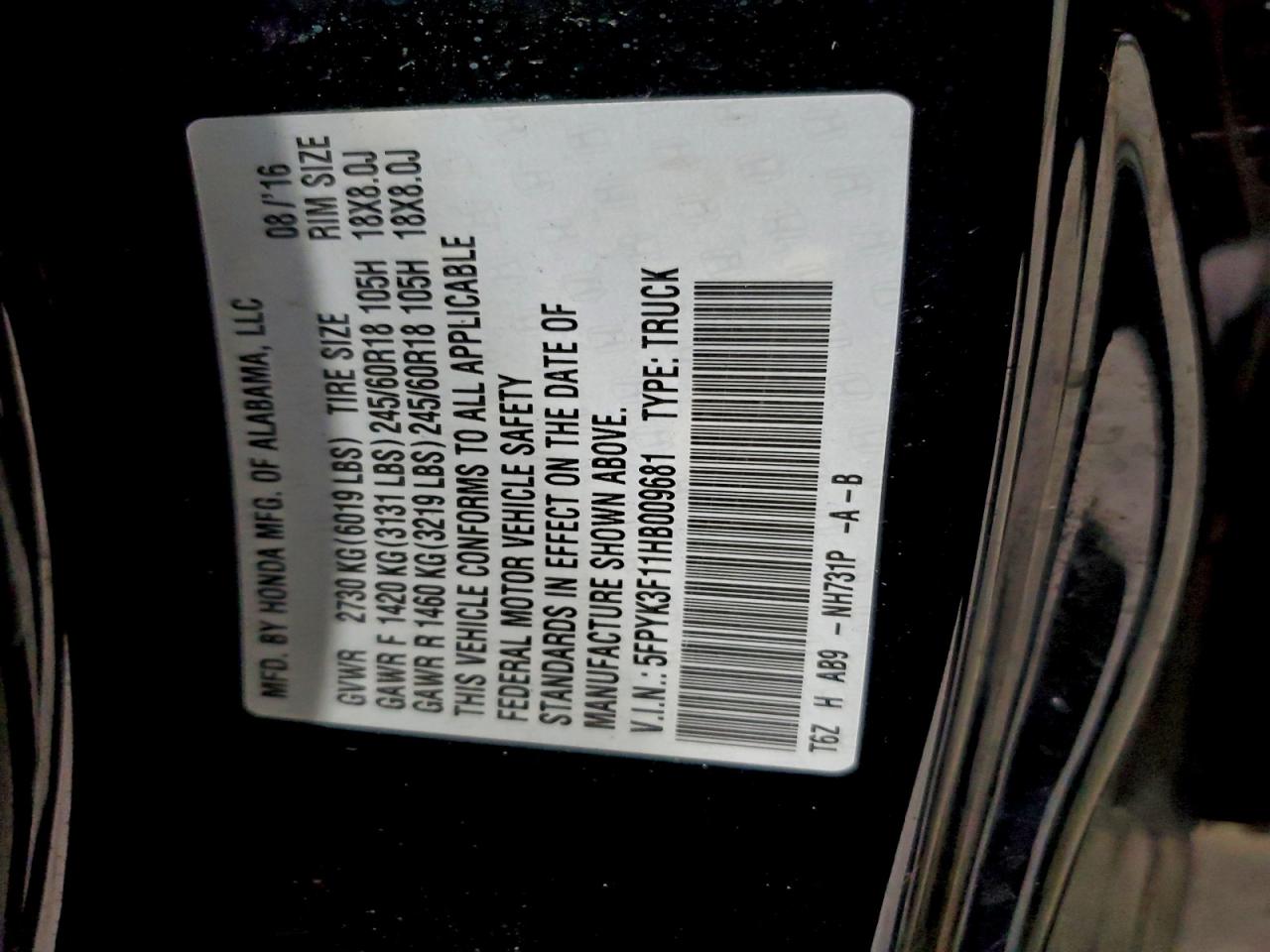 2017 Honda Ridgeline Sport VIN: 5FPYK3F11HB009681 Lot: 94271945