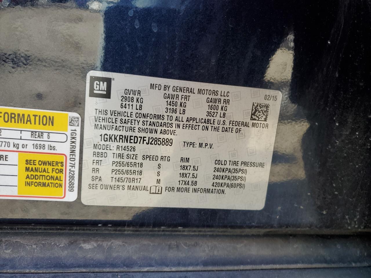 2015 GMC Acadia Sle VIN: 1GKKRNED7FJ285889 Lot: 90891135