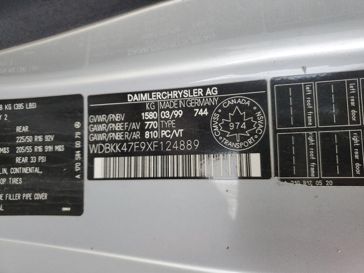 1999 Mercedes-Benz Slk 230 Kompressor VIN: WDBKK47F9XF124889 Lot: 92410845