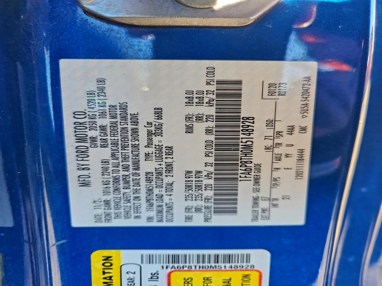 2021 Ford Mustang VIN: 1FA6P8TH0M5148928 Lot: 94726385