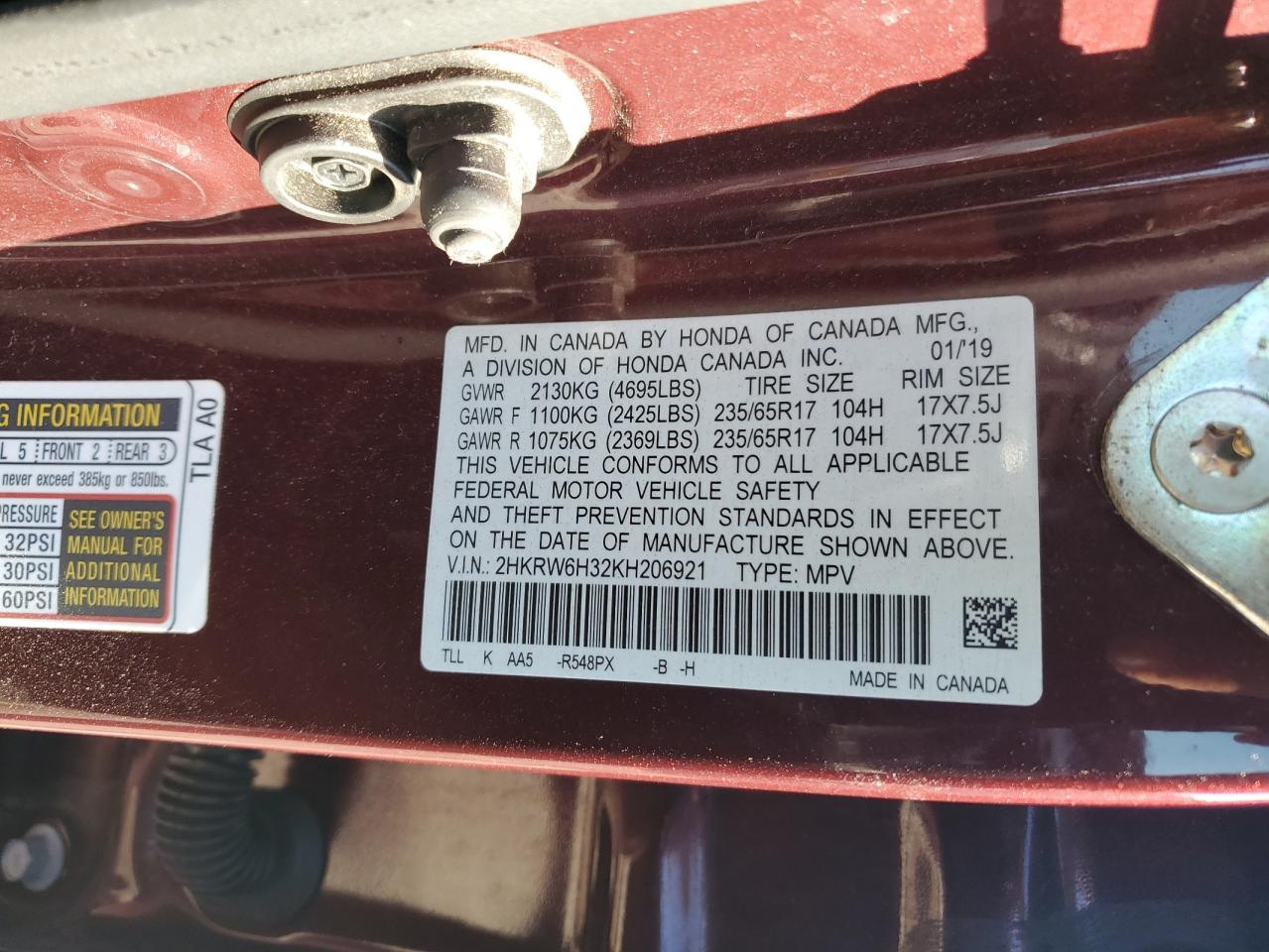 2019 Honda Cr-V Lx VIN: 2HKRW6H32KH206921 Lot: 91368695