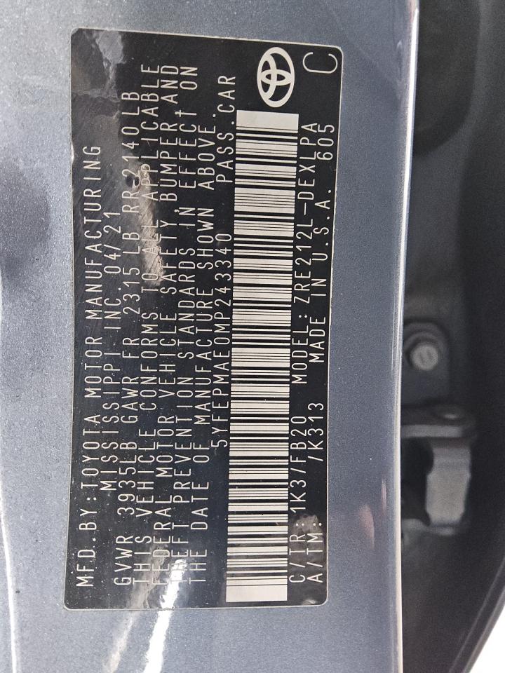 2021 Toyota Corolla Le VIN: 5YFEPMAE0MP243340 Lot: 87281915