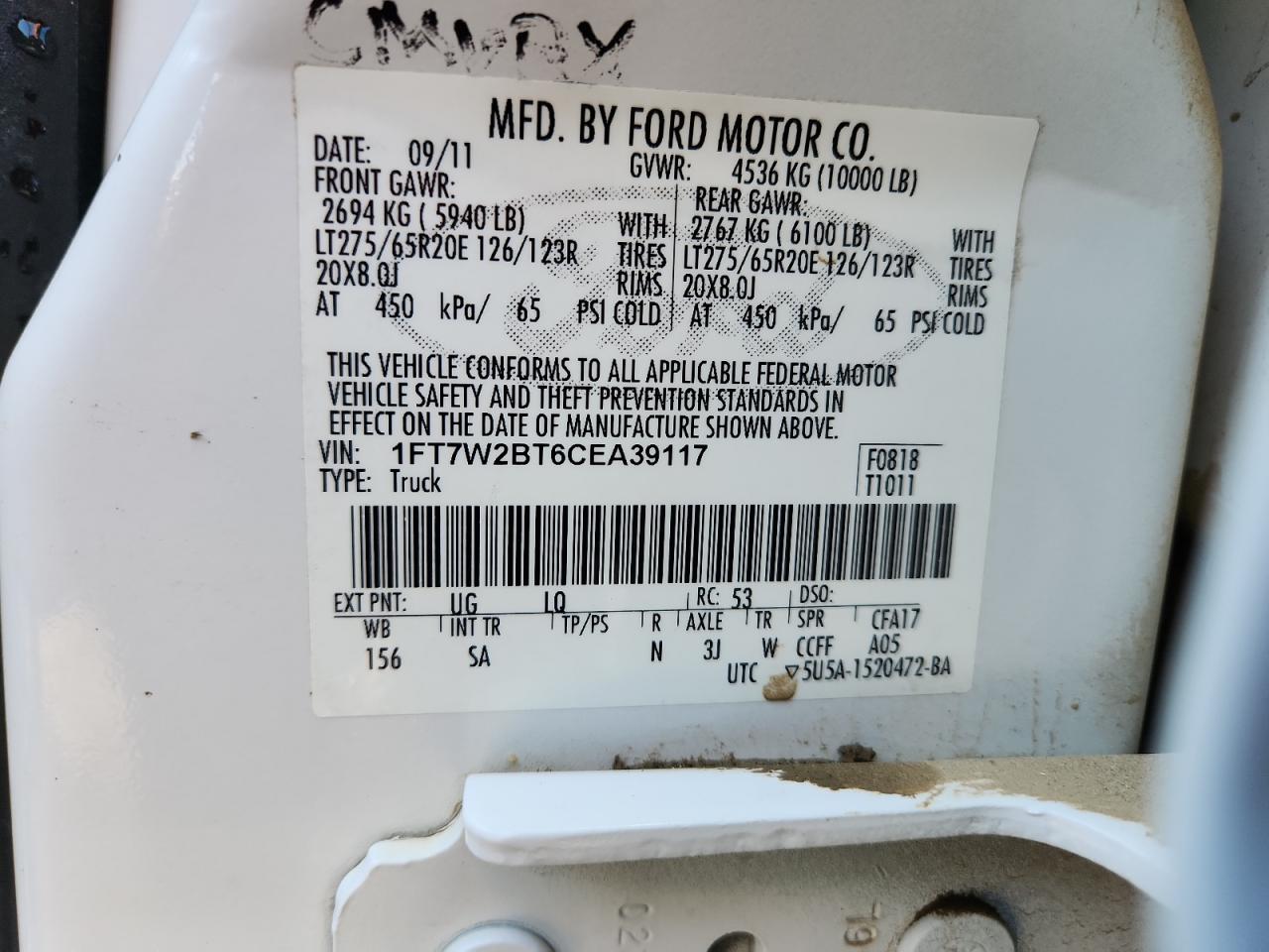 2012 Ford F250 Super Duty VIN: 1FT7W2BT6CEA39117 Lot: 91657275