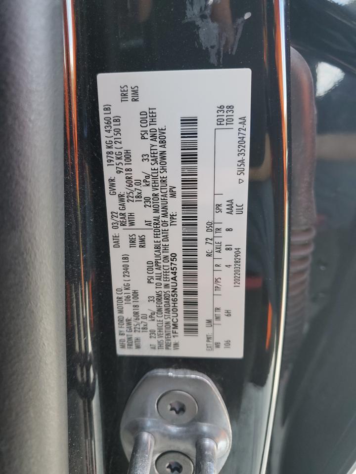 2022 Ford Escape Sel VIN: 1FMCU0H65NUA45750 Lot: 92935015