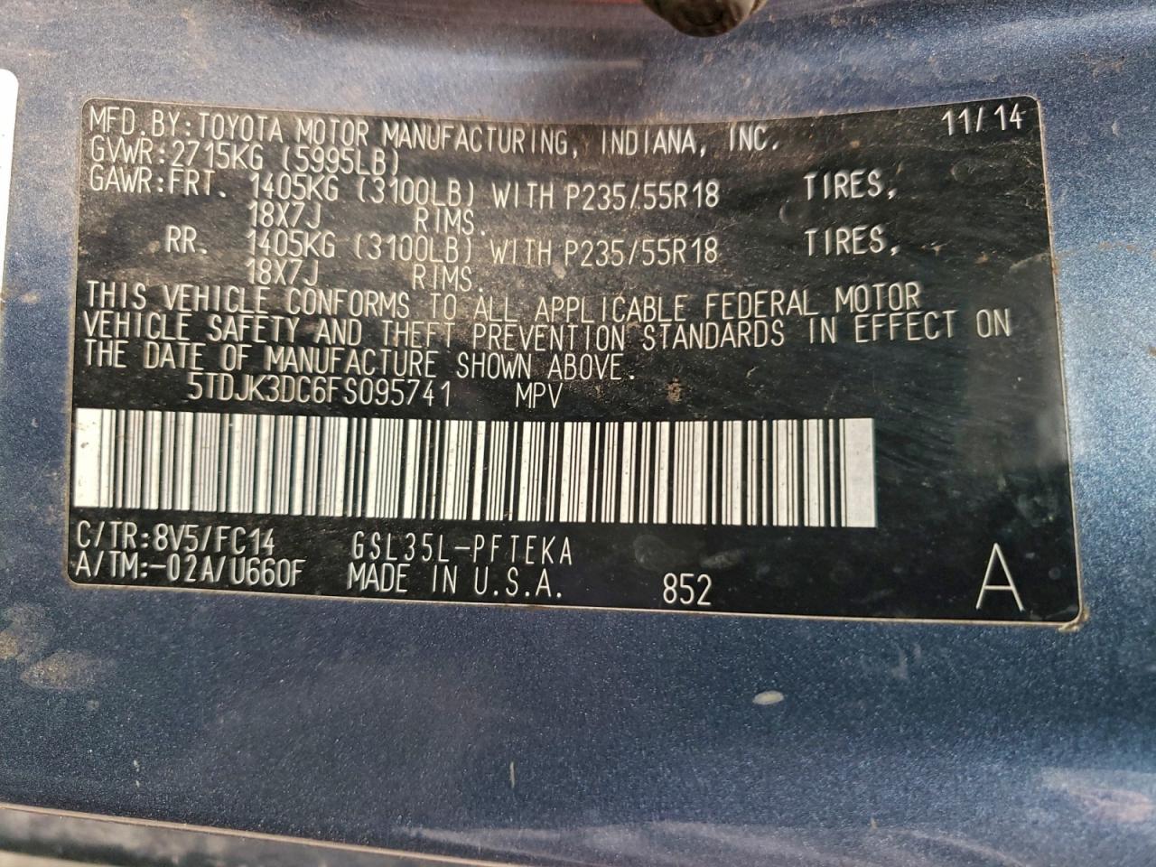 2015 Toyota Sienna Le VIN: 5TDJK3DC6FS095741 Lot: 92858565