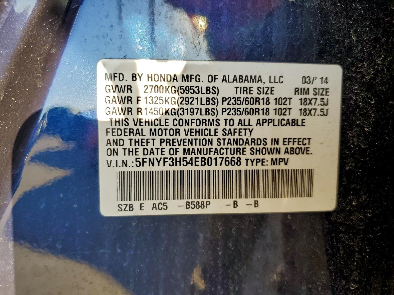 2014 Honda Pilot Exl VIN: 5FNYF3H54EB017668 Lot: 94514795