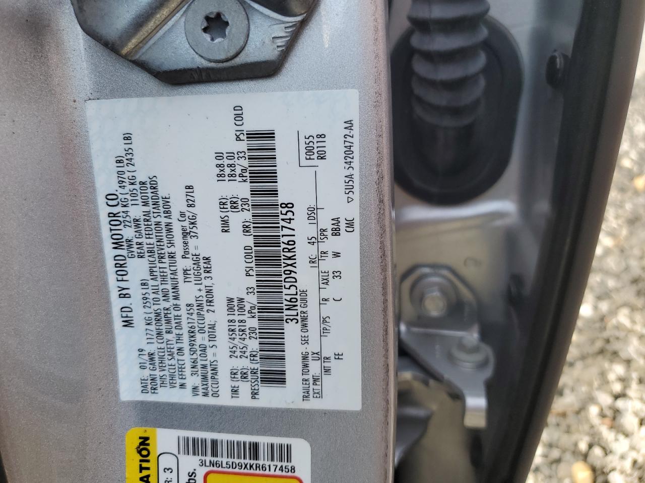 2019 Lincoln Mkz Reserve I VIN: 3LN6L5D9XKR617458 Lot: 91312525