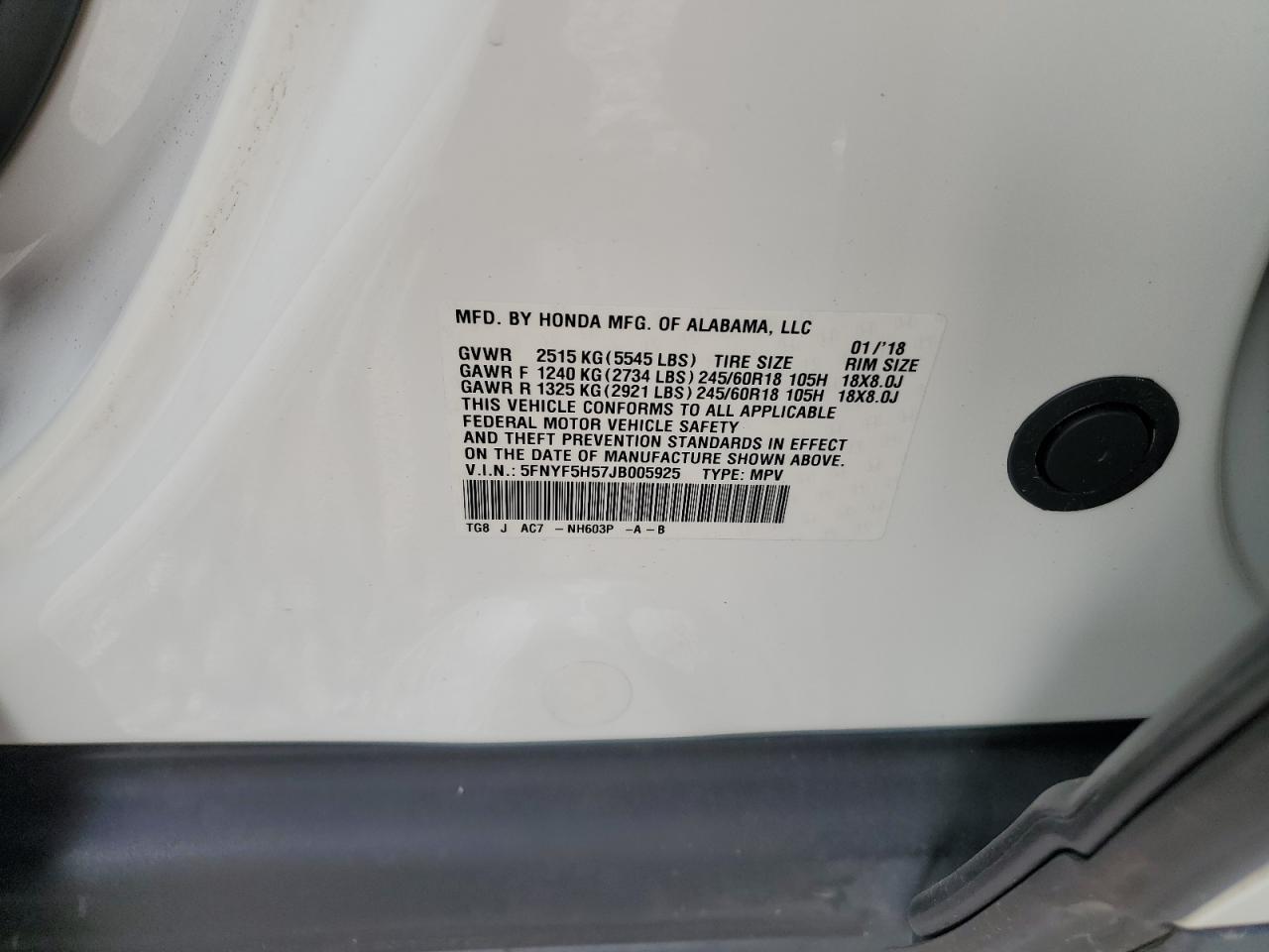 2018 Honda Pilot Exl VIN: 5FNYF5H57JB005925 Lot: 91069505