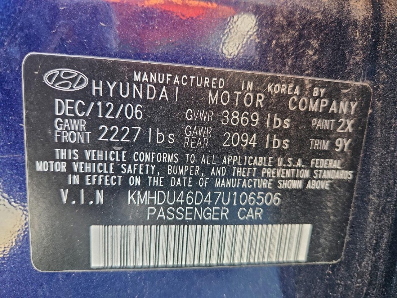 2007 Hyundai Elantra Gls VIN: KMHDU46D47U106506 Lot: 94579465