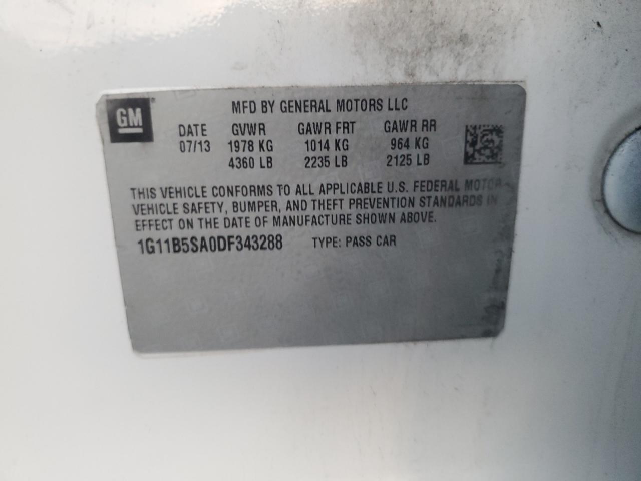 2013 Chevrolet Malibu Ls VIN: 1G11B5SA0DF343288 Lot: 92981725
