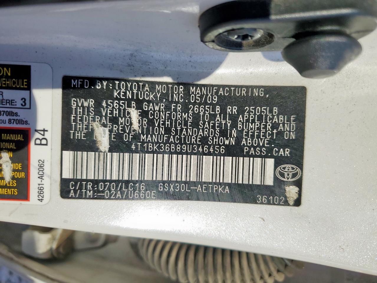 2009 Toyota Avalon Xl VIN: 4T1BK36B89U346456 Lot: 90863985