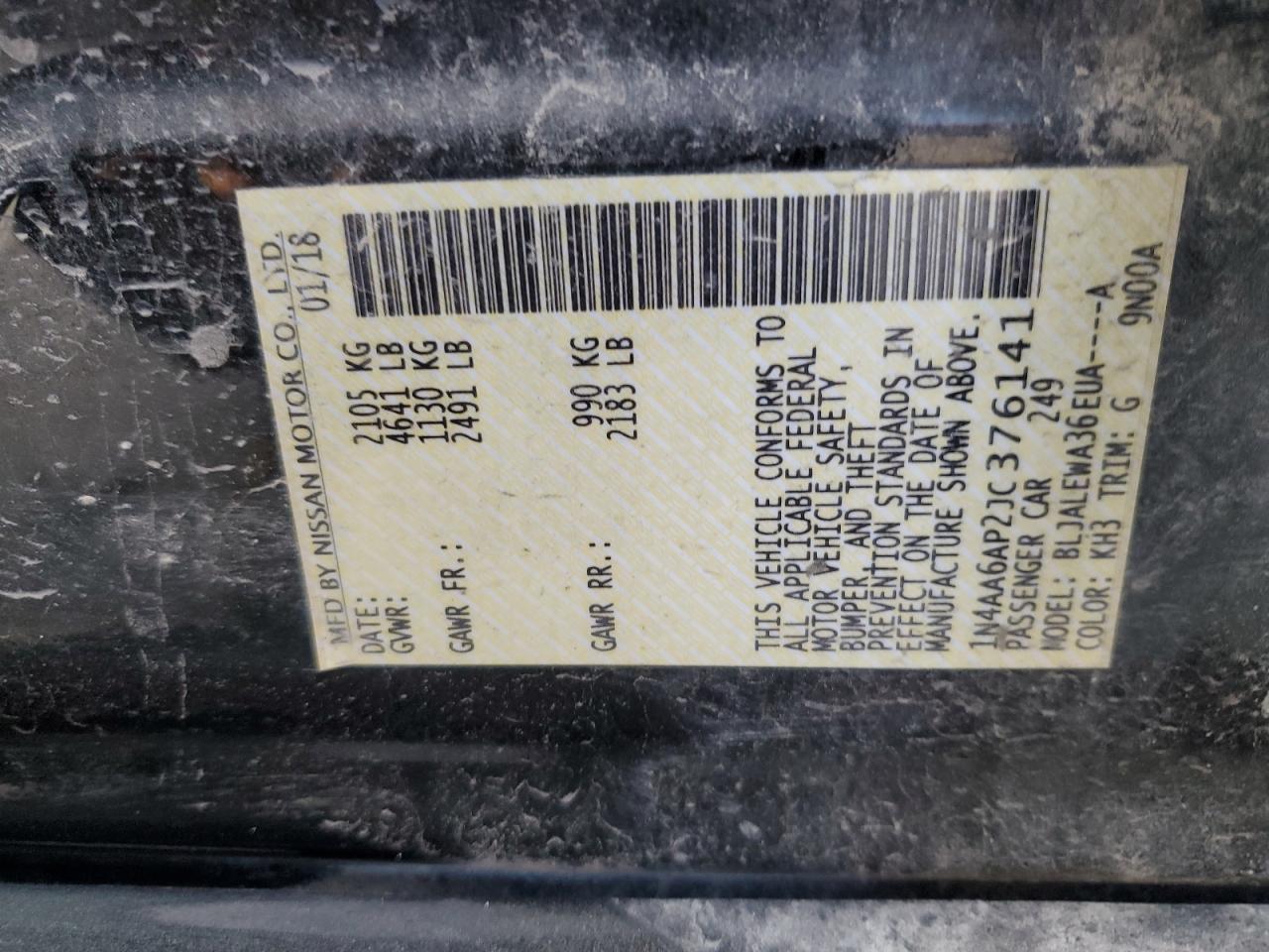 2018 Nissan Maxima 3.5S VIN: 1N4AA6AP2JC376141 Lot: 92292745