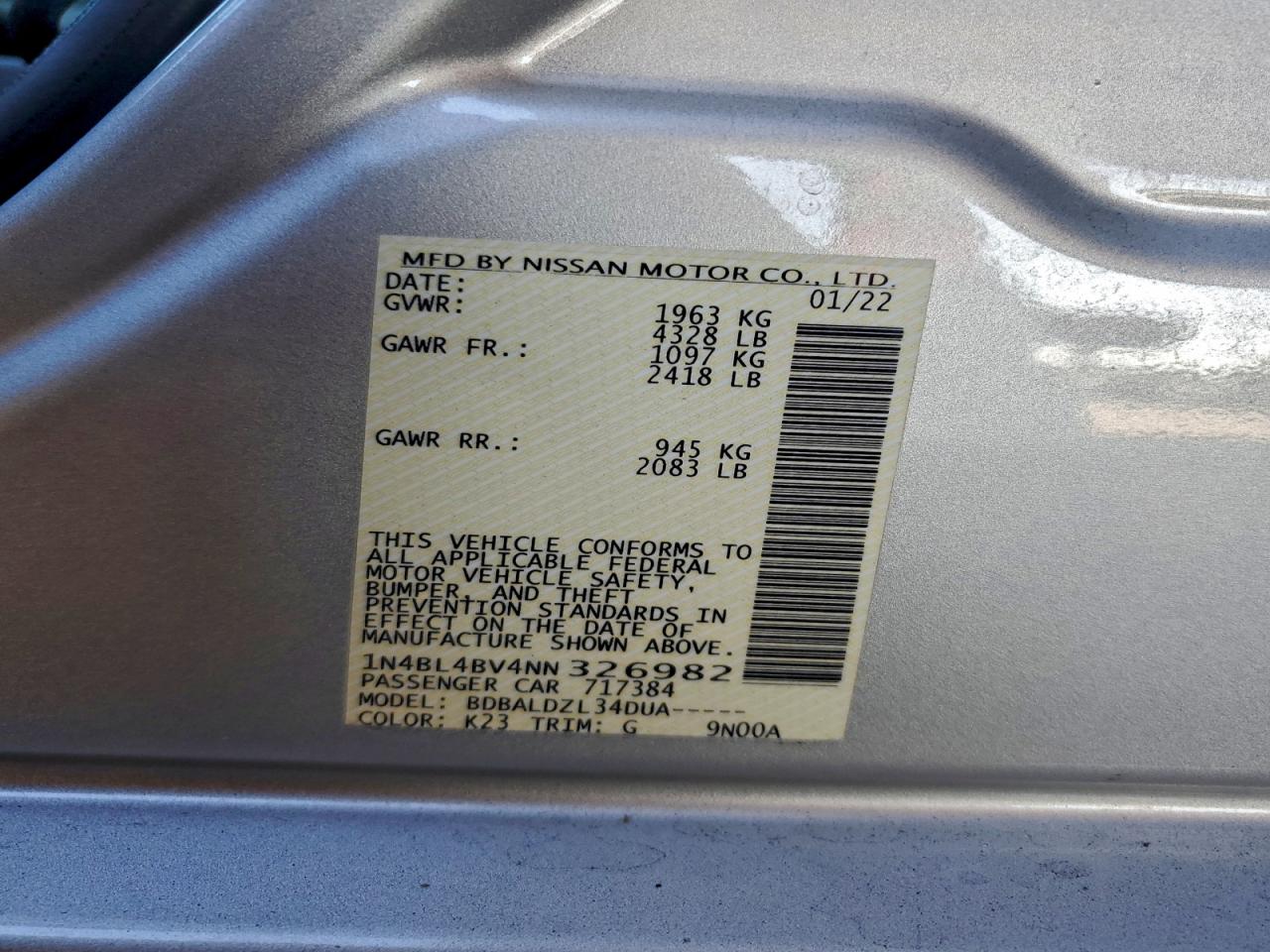 2022 Nissan Altima S VIN: 1N4BL4BV4NN326982 Lot: 94582545