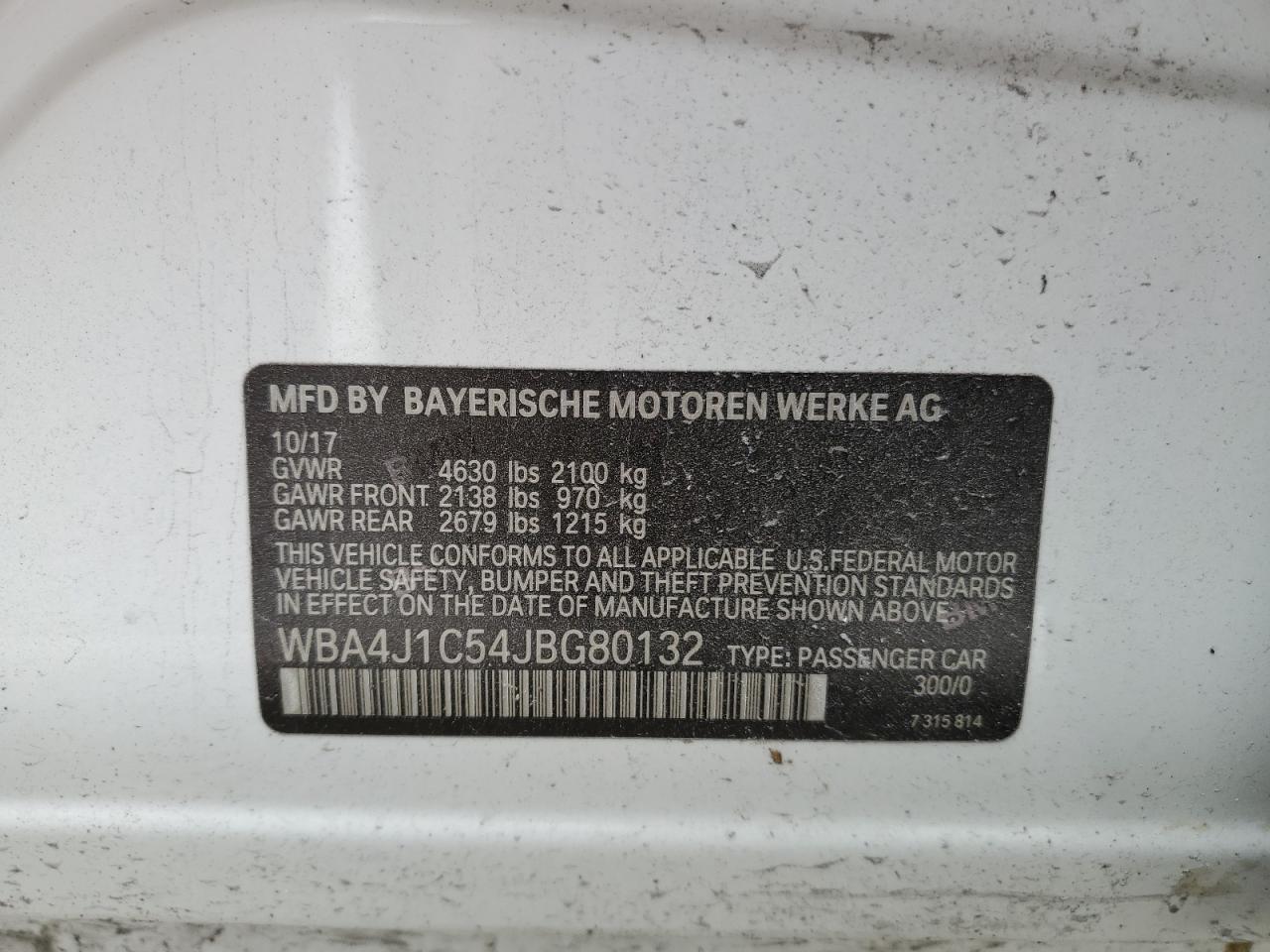 2018 BMW 430I Gran Coupe VIN: WBA4J1C54JBG80132 Lot: 91954635