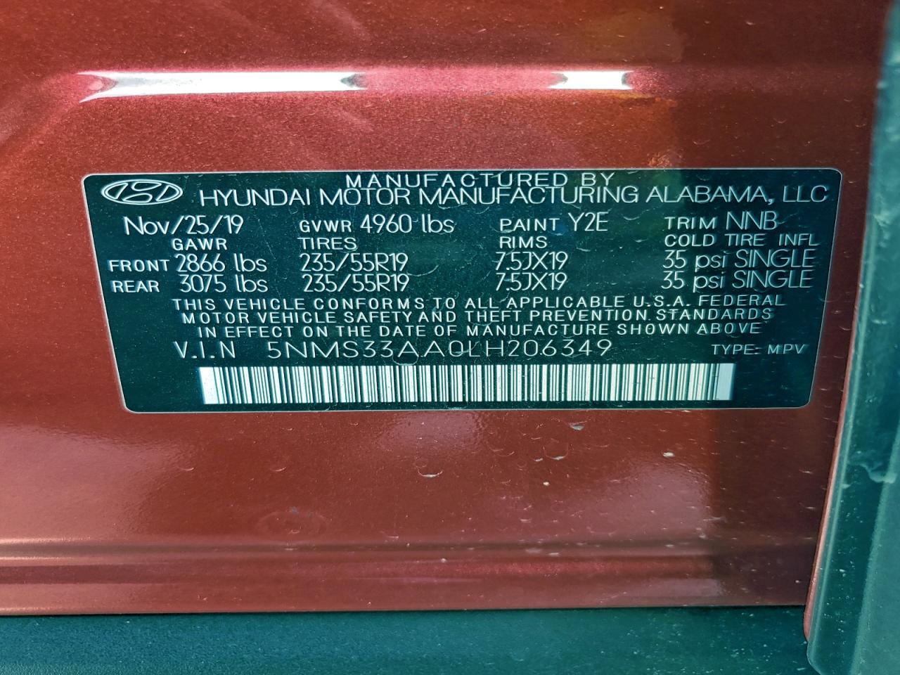 2020 Hyundai Santa Fe Sel VIN: 5NMS33AA0LH206349 Lot: 93758505