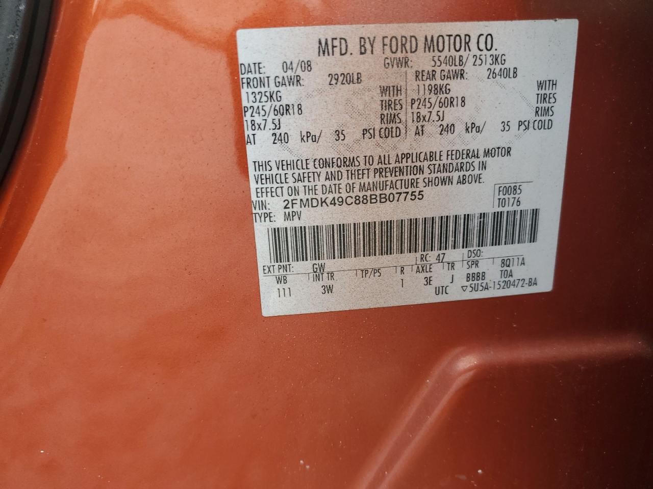 2008 Ford Edge Limited VIN: 2FMDK49C88BB07755 Lot: 91373155