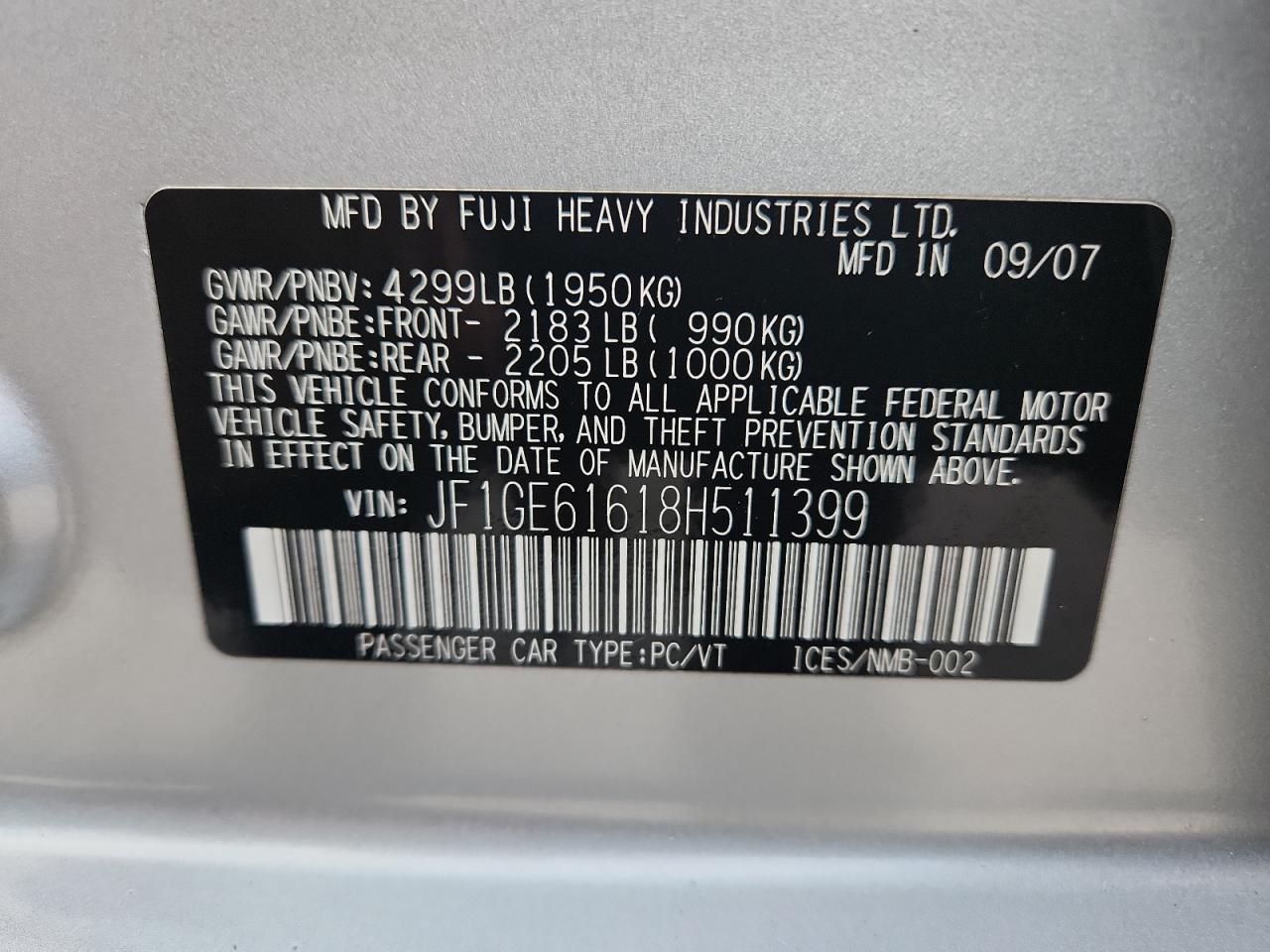 2008 Subaru Impreza 2.5I VIN: JF1GE61618H511399 Lot: 91078845