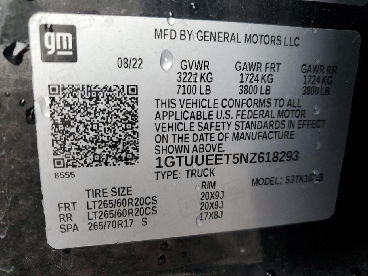 2022 GMC Sierra K1500 At4 VIN: 1GTUUEET5NZ618293 Lot: 92640595