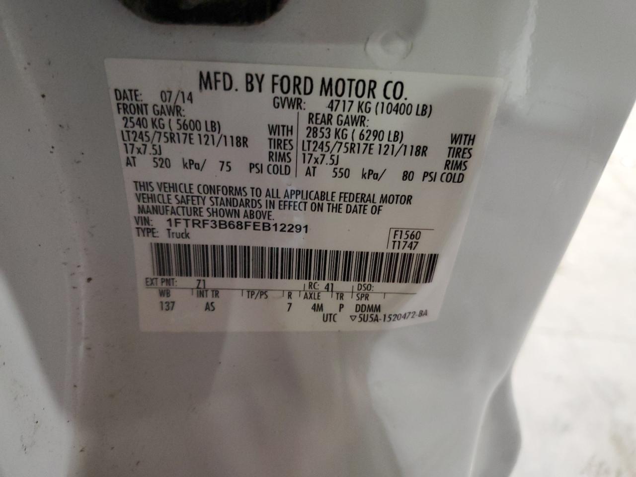 2015 Ford F350 Super Duty VIN: 1FTRF3B68FEB12291 Lot: 91874255