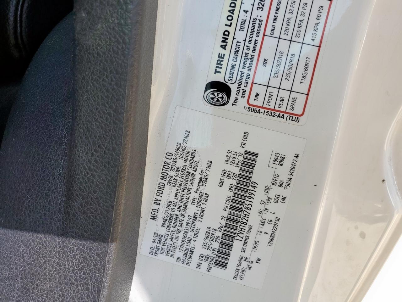 2008 Ford Mustang Gt VIN: 1ZVHT82H785199149 Lot: 92412795