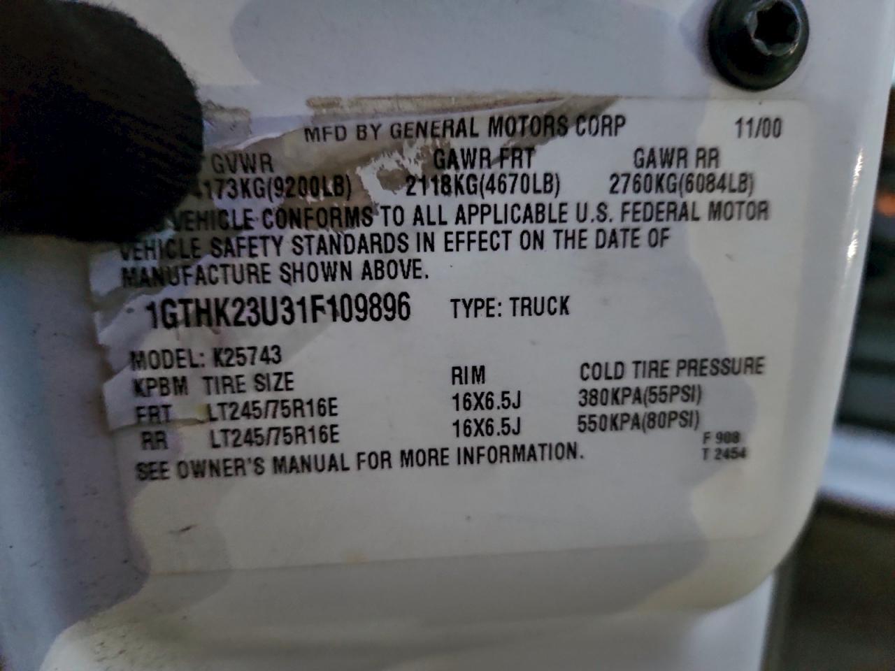 2001 GMC Sierra K2500 Heavy Duty VIN: 1GTHK23U31F109896 Lot: 94123535