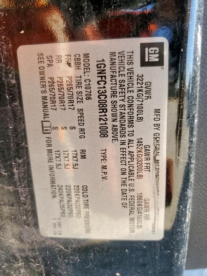 2008 Chevrolet Tahoe C1500 VIN: 1GNFC13C08R121008 Lot: 91713895