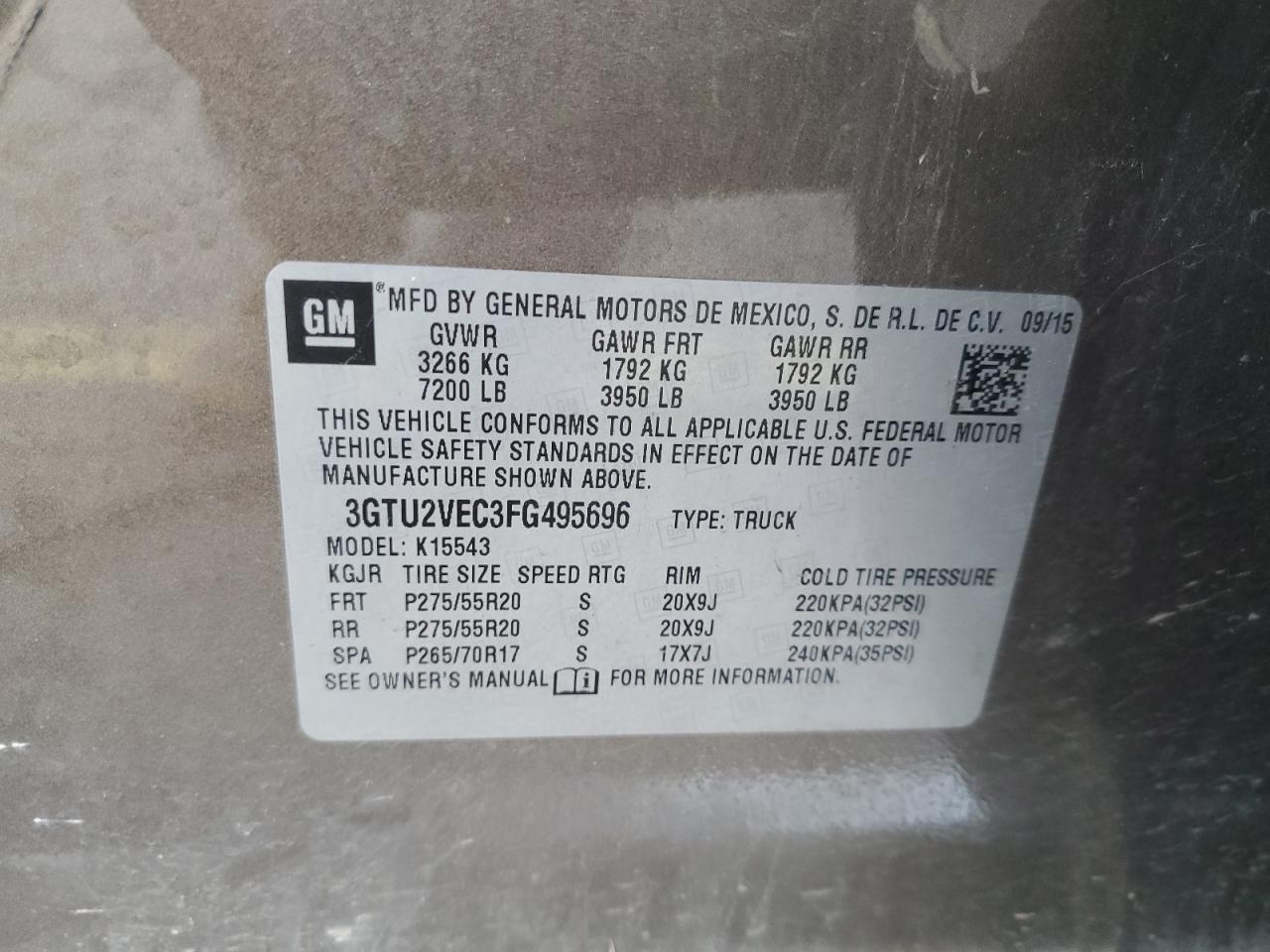 2015 GMC Sierra K1500 Slt VIN: 3GTU2VEC3FG495696 Lot: 93429545