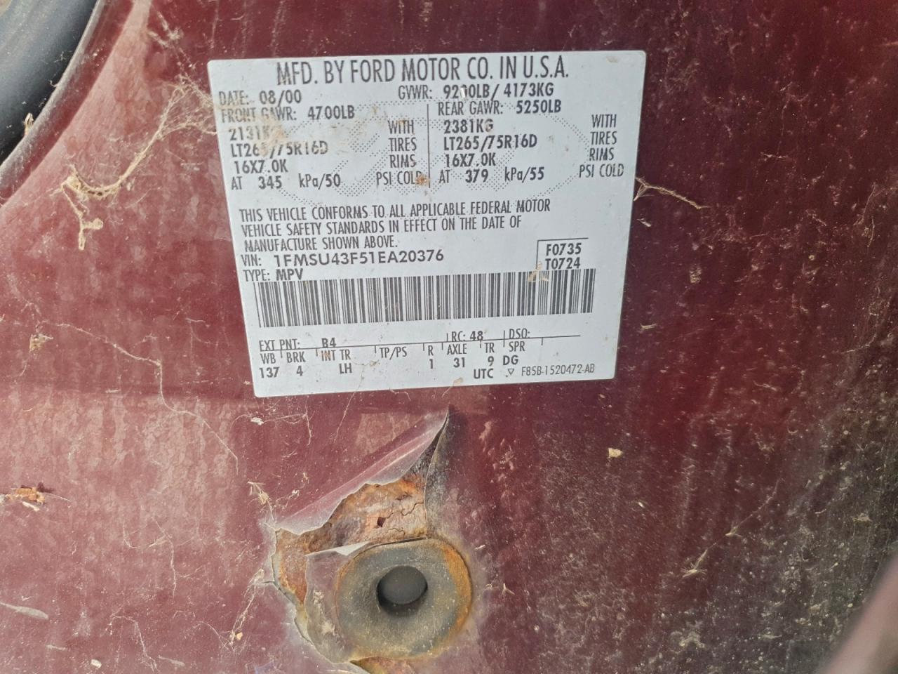 2001 Ford Excursion Limited VIN: 1FMSU43F51EA20376 Lot: 92378485